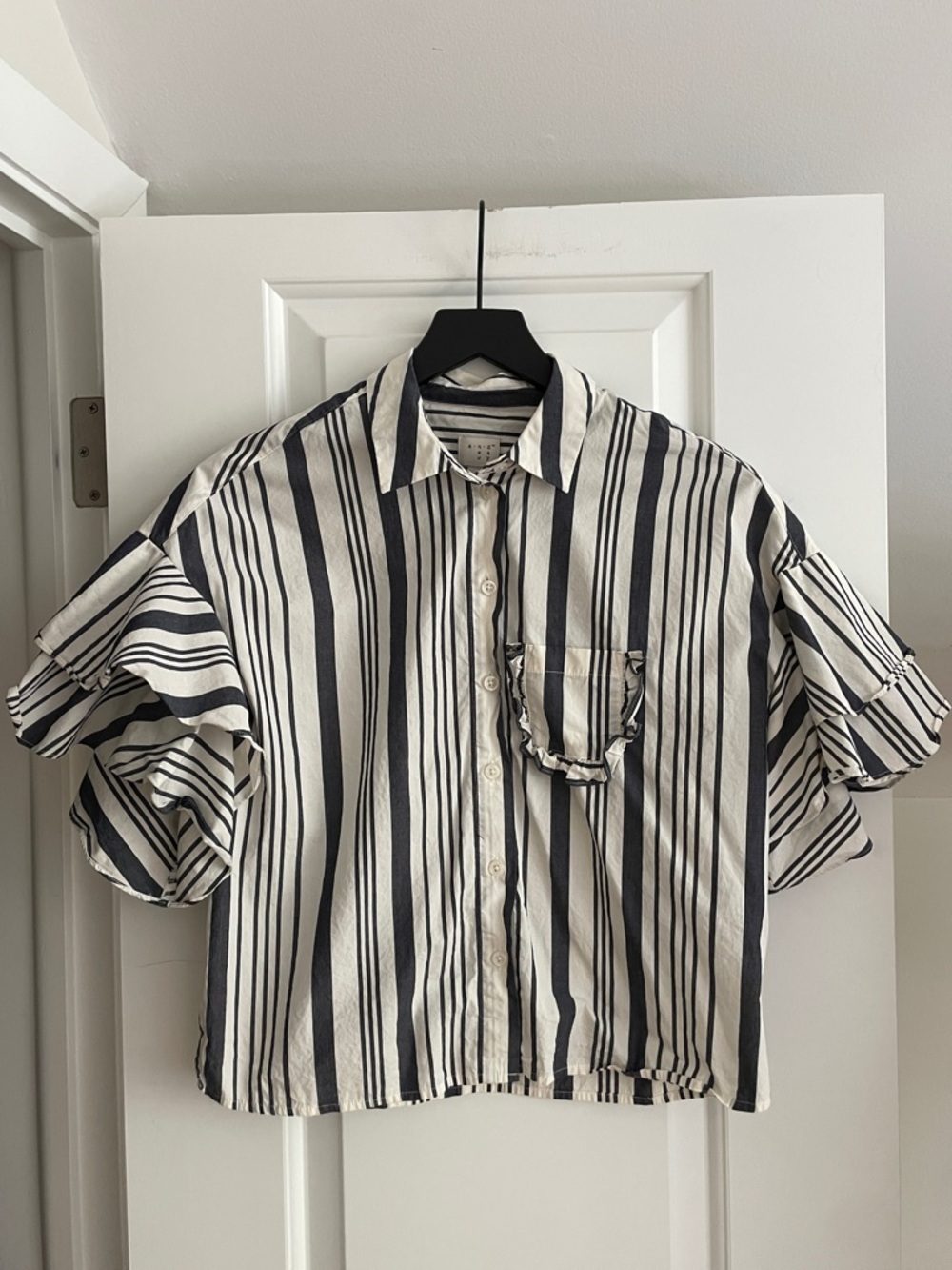 a new day Black and White Striped Short-Sleeve Ruffle Pocket Blouse